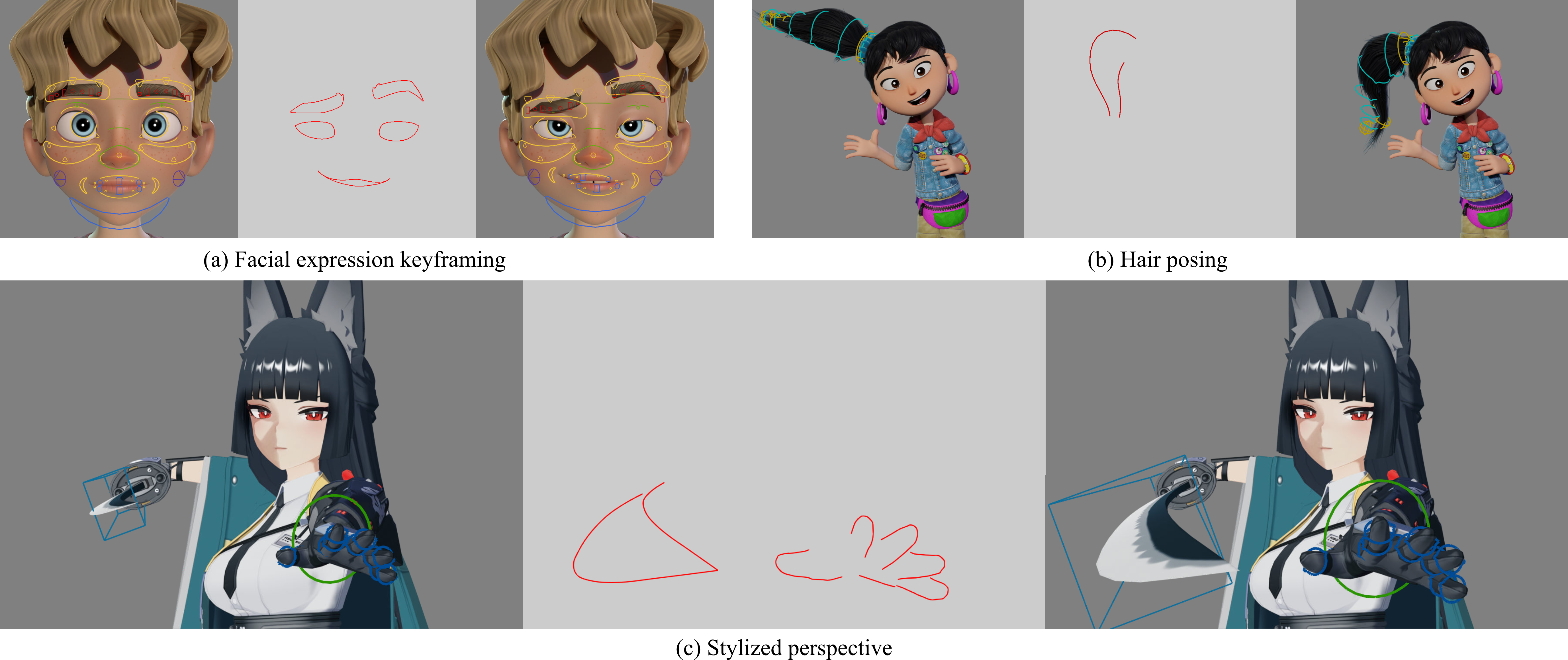 Three examples showing an initial rigged pose, artist-drawn contour strokes, and the pose recovered by the method